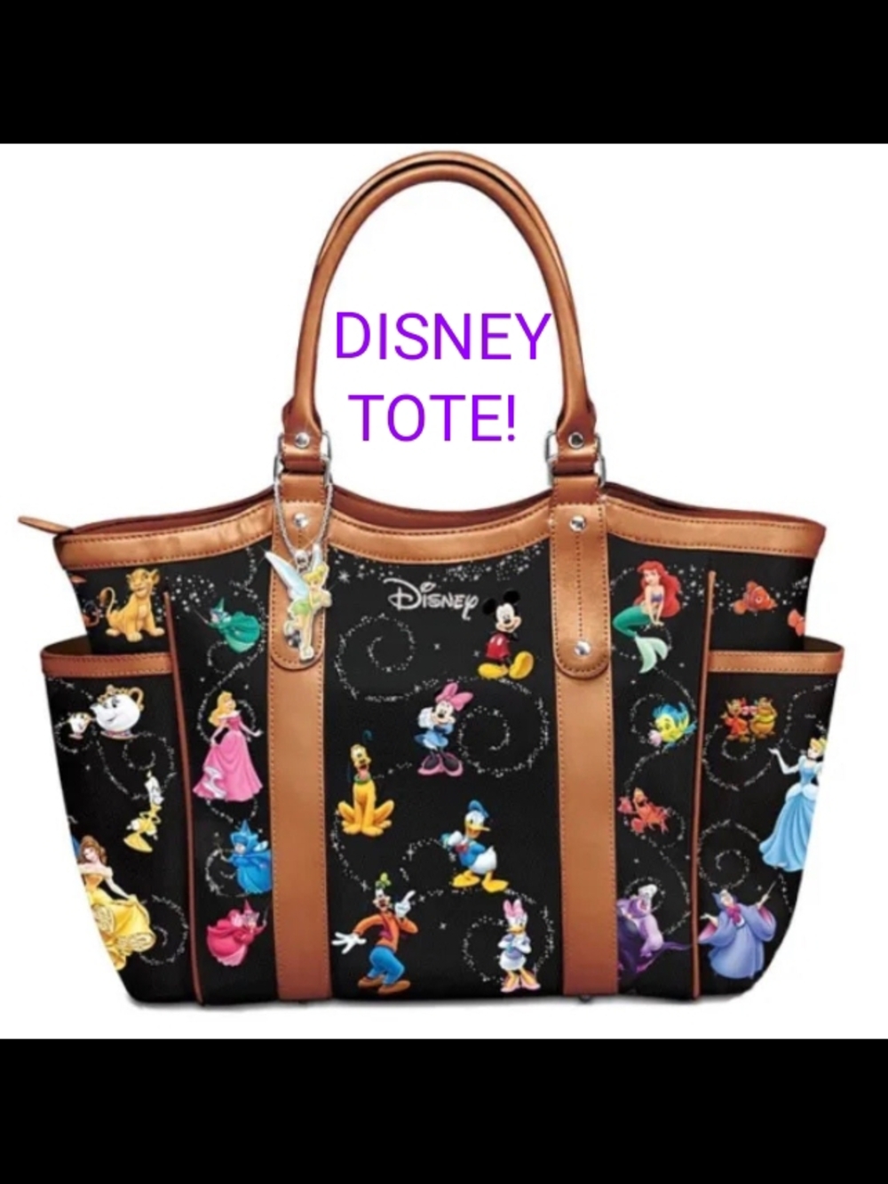 Disney Large Black Tote Bag with Brown Trim and Classic Character Print!